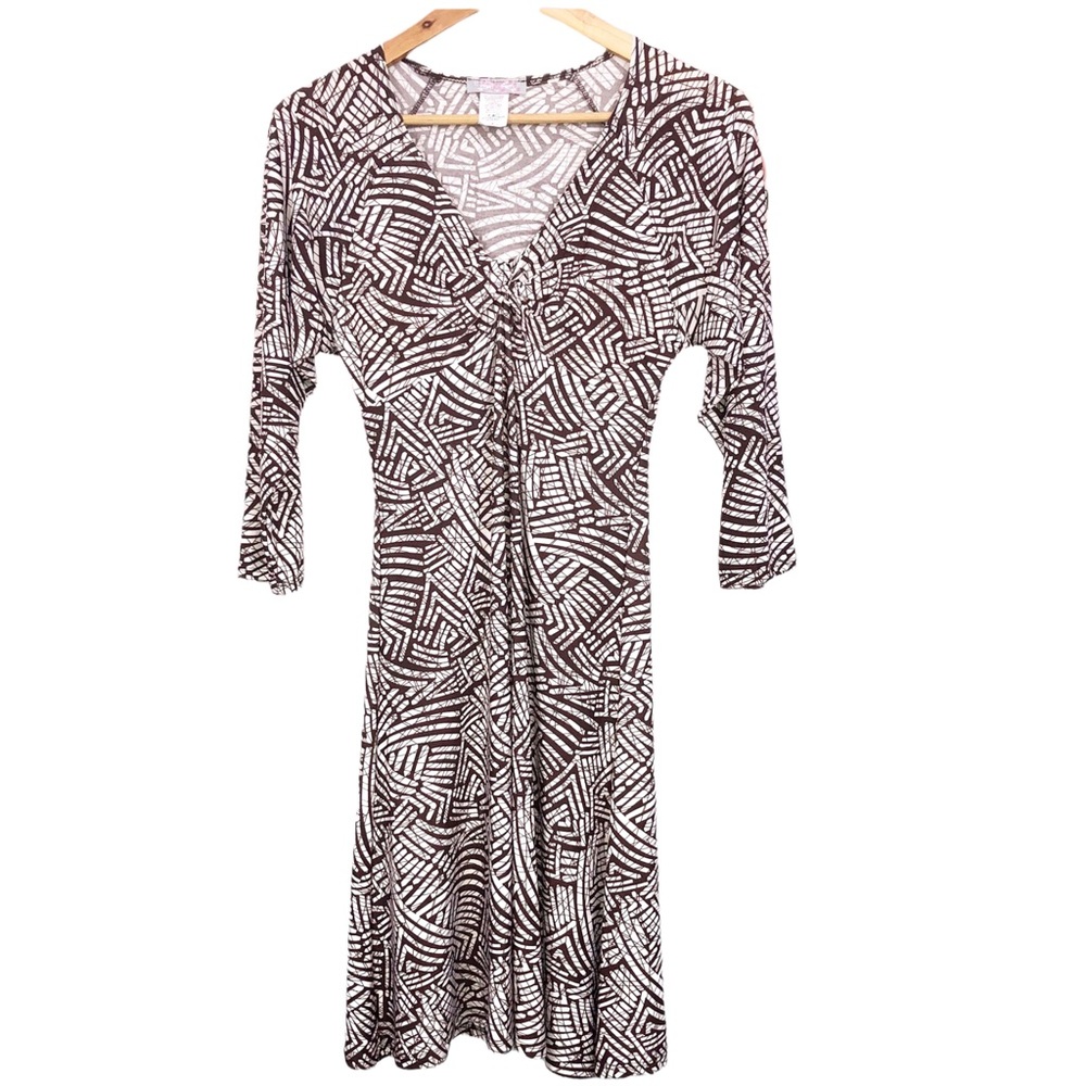 Vintage Retro Front Twist V Neck Stretchy Jersey Brown Casual 3/4 Sleeve Dress